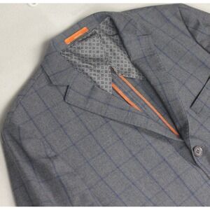Tallia Mens 44L Gray Blue Windowpane Wool Sport Coat Blazer Two Button